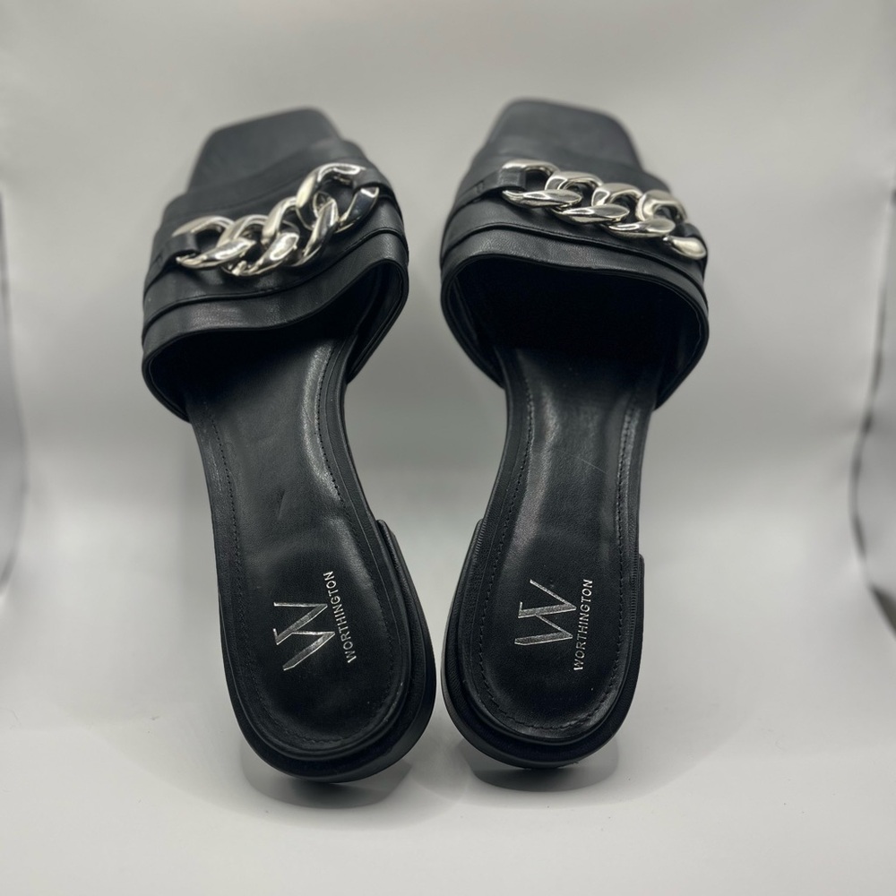 Worthington Black Slide Mules with Silver Chain Accent